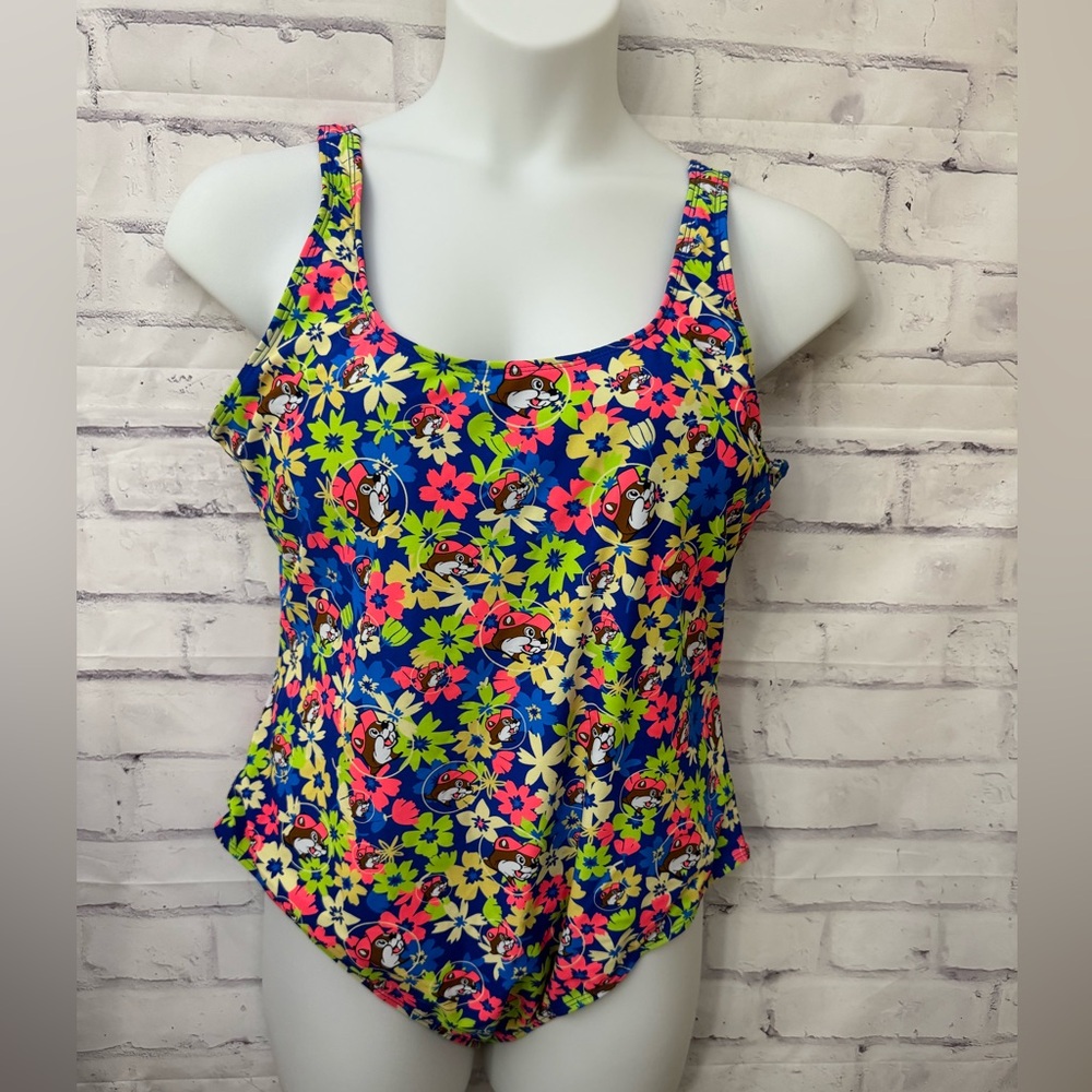 Buc-ee’s Size 2X Blue Neon Floral Beaver Logo One Piece Swimsuit